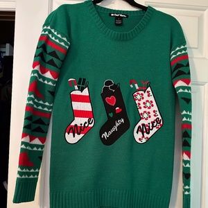 Planet Gold Women  Holiday Sweater Green Naughty Nice Size Small
